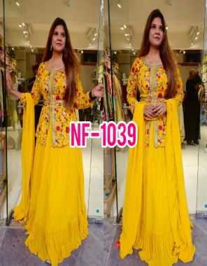 yellow lehenga - crush georgette fabric | inner - micro cotton | top - georgette with embroidery sequance embroidery work | inner - micro | dupatta - heavy georgette fabric fancy four side ( 2.40 m) | top xl - 42 | xxl - 44 | kamar belt | length - 40 - 42 fabric embroidery work party wear 