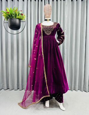 wine suit - velvet with inner with thread sequance work | pent - velvet moti work | size - free ( with elastic ) | dupatta - soft net with thread work with four side lace work  fabric thread work work party wear 
