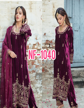 wine top - heavy viscose velvet with sequance embroidery with long sleeves | inner - micro cotton | length - 40 -41 inches | size - upto 42 xl free ( ready to wear ) | bottom - soft viscose velvet ( ready to wear free size ) | dupatta - heavy butterfly net with embroidery work with fancy embroidery lace border  fabric sequance embroidery work festive 