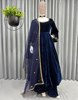 navy blue top - viscose velvet | inner - silk | plazzo - viscose velvet with embroidery | stitch - upto 44 ( full stitch with elastic ) | dupatta - soft net embroidery with lace border ( 2.20 m)  fabric embroidery work ethnic 