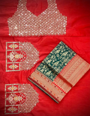 red saree - banarasi silk | blouse - satin banglory with heavy embroidery fabric weaving work wedding 