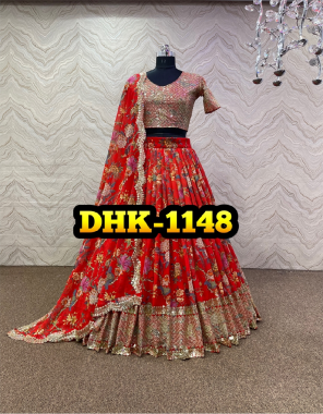 red lehenga - heavy fox georgette | inner - micro cotton | length - 42 -44 inches | flair - 3m | type - semi stitched | choli - heavy fox georgette | sleeves - short sleeves with embroidery sequance work |  type - unstitch ( 1m fabric ) | dupatta - heavy fox georgette with digital printed work ( 2.1 m)  fabric embroidery work wedding 