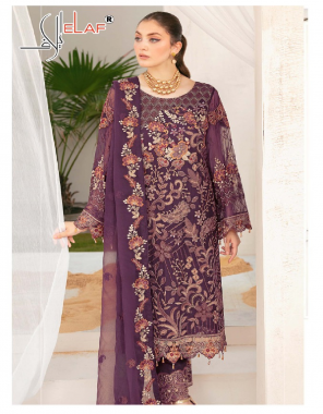 purple top - faux georgette with sequance embroidery | including sleeves with pearl with cut work  | inner - santoon  | bottom - santoon with embroidery work | dupatta - chiffon with sequance embroidery work | type - semi stitched | size - fits upto 54 | length - 46 fabric embroidery work wedding 