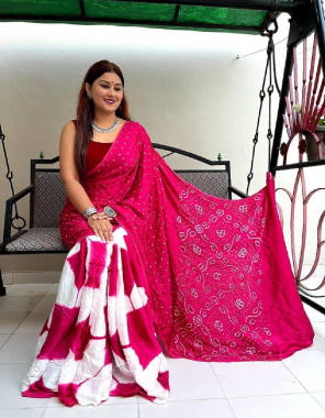 pink saree - shibori bandhani digital print vichitra silk saree | blouse - red mono unstitch blouse fabric printed work casual 