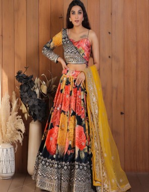 black lehenga - silk material | inner - cotton | flair - 3.20 m | length - 41-42 inch | type - semi stitched | blouse - silk material with digital printed blouse and koti  | type - semi stitched | size - with cups upto 42 and margin 44 size | dupatta - net butterfly with sequance work less work ( 2.40 m)  fabric digital printed  work festive 