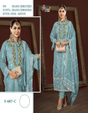 sky blue top - organza embroidered with khatli work | dupatta - organza embroidered | inner & bottom - santoon  fabric embroidery work ethnic 