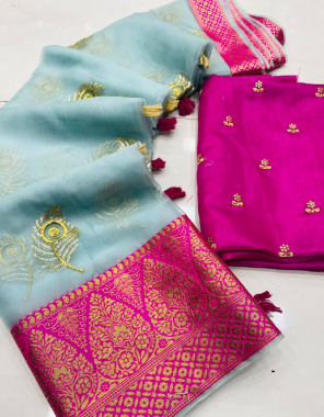 sky blue saree - pure organza jacquard with kanchipuram rani jacquard border | blouse - satin worked  fabric jacqaurd work ethnic 