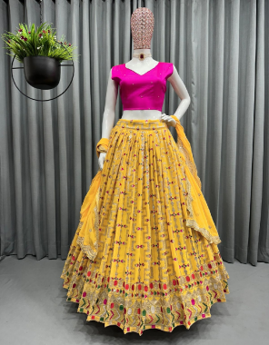 yellow choli - tapela silk | size - upstiching upto 44 | lehenga - fuax georgette | inner - silk | stitching type - semi stitching upto 44 | flair - 3m with canvas with cancan | dupatta - faux georgette embroidery with sequance work ( 2.20 m)  fabric embroidery work party wear 