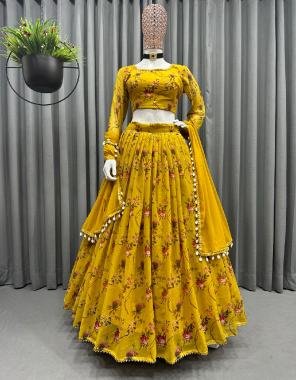 yellow choli - faux georgette | size - unstitching upto 44 |  lehenga - faux georgette | inner - silk | stitching type - semi stitched upto 44 | flair - 3m | dupatta - faux georgette digital print with lace border ( 2.20 m)  fabric embroidery work festive 