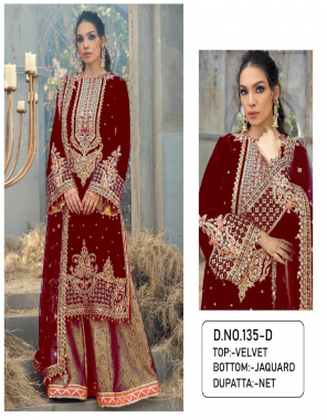 maroon top - velvet with sequance embroidery work | dupatta - net with embroidery four side lace work | bottom - jacqaurd patch work | length - 42 