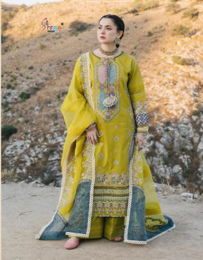 yellow top - cotton with self embroidered | bottom - semi lawn | dupatta - net with organza digital pallu fabric embroidery work festive 