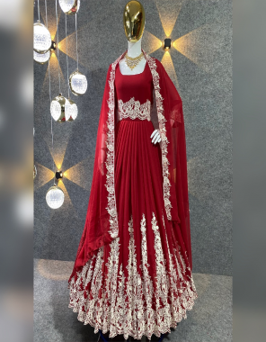 red gown - fox georgette with embroidery work with full sleeves | inner - micro cotton | length - 55 inch | flair - 3.10 m | size - upto 42 xl free size ( fully stitched ) | dupatta - fox georgettte with work and four side embroidery work ( 2.40 m) fabric embroidery work party wear 