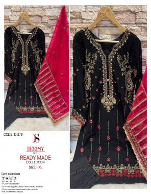 black top - georgette with embroidery & khatli work with inner & buttons | bottom - pure cotton lycra pant toun to toun | dupatta - net with embroidery attached with lace | size - xl ( 42 