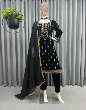 black suit - velvet with inner with thread sequance work | size - upto 42 ( full stitched ) | pent - velvet plain work | size - free ( with elastic ) | dupatta - faux georgette sequance 4 side fancy lace fabric sequance work ethnic 