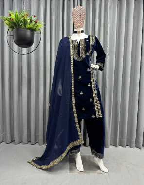 navy blue suit - velvet with inner with thread sequance work | size - upto 42 ( full stitched ) | pent - velvet lace work | size - free ( with elastic ) | dupatta - faux georgette sequance 4 side fancy lace fabric thread work work festive 