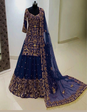 navy blue top - georgette with inner with thread work | size - upto 42 ( fully stitched ) | lehenga - georgette with inner thread work | size - 44 with elastic rubber | dupatta - soft net less work ( 2 m) fabric thread work work party wear 