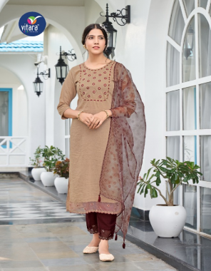 brown kurti - suniyo silk ( imported fabric ) | bottom - suniyo silk ( imported fabrc ) | dupatta - organza digital printed | size - m ( 38 ) | l ( 40 ) | xl ( 42 ) | xxl ( 44 ) | xxxl ( 46 ) | length top - 46 fabric embroidery work casual 
