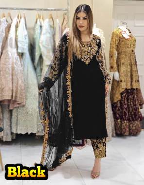 black top - heavy 9000 velvet | inner - micro cotton | bottom - jacquard with embroidery work | dupatta - heavy net with embroidery work ( 2.1 m)  | top plazzo - fully stitched | top length - 40 -42 inch  | size - xl stitched with xxl margin fabric embroidery work party wear 