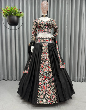 black choli - faux  georgette | inner - silk | size - unstitched upto 42 | lehenga - faux georgette | inner - silk | stitching type - semi stitched upto 44 | flair - 3.30 with canvas with cancan | dupatta - georgette with embroidery ( 2.20 m)  fabric embroidery work festive 