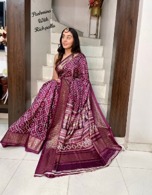 wine saree - pashmina silk | blouse - full saree foil work  fabric printed work party wear 