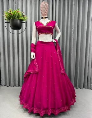 pink choli - georgette | size - unstitch upto 42 | lehenga - georgette | inner - silk | stitching type - silk | stitching type - semi stitch upto 44 | flair - 3.5 m with canvas | dupatta - georgette embroidery with sequance ( 2.20 m)  fabric embroidery work festive 