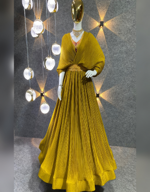 yellow gown - crush shinone fabric | inner - micro cotton | top - position print 3 sequance work | inner - micro | size - fully stitched xl( 42 ) | xxl ( 44 ) | fully long sleeves with kamar belt | gown - xl ( 42 ) | xxl ( 44 ) | length - 54 - 55 fabric embroidery work ethnic 