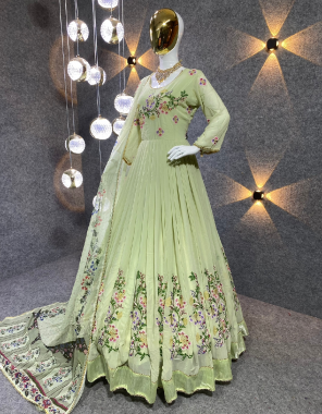 parrot green gown - faux georgette with embroidery with full sleeves | inner - micro cotton | length - 54 inch | flair - 3.20 m| bottom - micro cotton | type - unstitch | dupatta - faux georgette with printed work with four side embroidery less border ( 2.40 m)  fabric embroidery work festive 