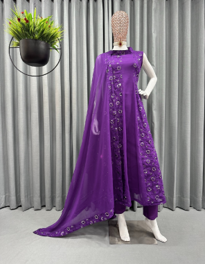 purple suit - faux georgette | size - free size ( upto 42 ) | pent - crep | size - free ( with elastic ) | dupatta - faux georgette with lace work ( 2.2 m)  fabric thread sequance work casual 