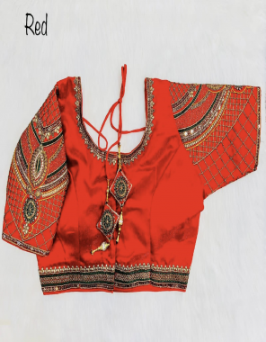 red heavy milan silk | front open | hooks pattern  fabric embroidery work festive 