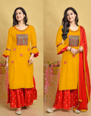 yellow kurti - 14kg rayon with embroidery work | sharara - 14kg rayon with embroidery work | dupatta - nazneen with lace  fabric embroidery work ethnic 