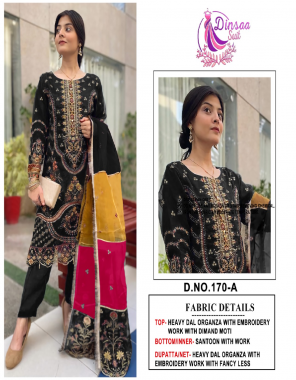 black top - heavy dal organza embroidred with diamond moti | dupatta - heavy dal organza with embroidered work with 4 side lace | inner - santoon | bottom - santoon with work fabric embroidery  work festive 