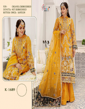 yellow top - organza | dupatta - organza with embroidery work | bottom & inner - santoon fabric embroidery work casual 