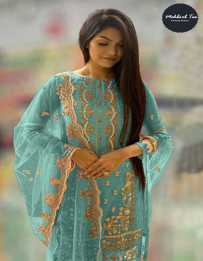 sky blue top - organza with heavy embroidery work | bottom - santoon | dupatta - organza with heavy embroidery work fabric embroidery work festive 