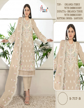 cream top - organza with embroidery | dupatta - organza with embroidery | bottom & inner - santoon  fabric embroidery work casual 