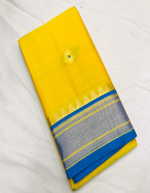 yellow cotton silk gold heavy weaving border with contrast blouse  fabric weaving work casual 