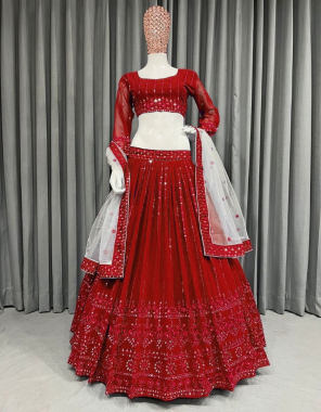 red choli - georgette | inner - crep | size - unstitch upto 44 | lehenga - georgette | inner - crep | stitching type - semi stitched upto 44 | flair - 3m with canvas with cancan | dupatta - soft net embroidery with sequance  fabric embroidery work festive 