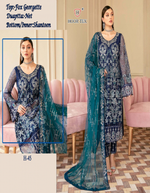 blue top - fox georgette with embroidery sequance moti work | bottom - santoon with patch work | inner - santoon | dupatta - heavy net ( contrst ) | size - 54 ( 7xl ) fabric embroidery work casual 