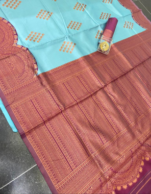 sky blue soft lichi silk  fabric weaving work ethnic 