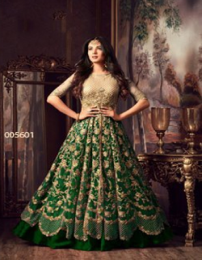 dark green top - net with embroidered with stone | sleeves - net with embroidery with stone | inner - santoon | bottom - banglore silk | dupatta - nazmin chiffon | size - max upto 44 | length - max upto 54 | flair - 2.40 m | type - semi stitched  fabric embroidery work festive 