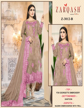 pink top - fox georgette | bottom / inner - santoon | dupatta - nazini embroidery with frill fabric embroidery work festive 