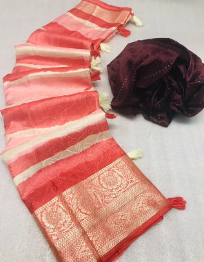 peach saree - pure heavy dola silk with weaving | blouse - cotton with sequance fabric weaving work casual 
