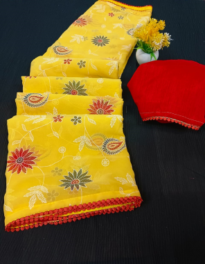yellow georgette with khadi print fabric printed work ethnic 