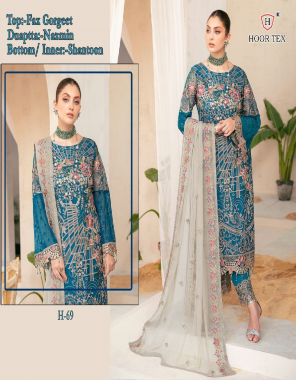 rama top - heavy georgette with embroidery sequance daimond work | bottom - santoon | inner - santoon | dupatta - nazneen with embroidery work ( contrast )  | size - 56 ( 8xl ) fabric embroidery sequance work ethnic 