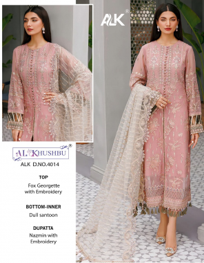 pink top - georgette with heavy embroidered | bottom - dull santoon with embroidery | dupatta - nazmin with heavy embroidery | inner - dull santoon fabric embroidery work casual 