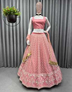 pink choli - georgette | size - stitch upto 42 | lehenga - soft  net | inner - silk | stitching type - semi stitch upto 44 | flair - 3m with canvas with cancan | dupatta - soft net embroidery fancy lace border ( 2.20 m)  fabric embroidery work ethnic 
