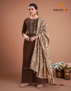 brown  top - jaam satin with neck embroidery & swarovski diamond work ( 2.50 m) | bottom - cotton soild ( 2.50 m) | dupatta - fancy jacquard dupatta with four side piping & tessels ( 2.25 m) fabric embroidery work ethnic 