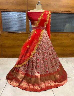 pink lehenga - lichi silk ( 3 m) ( unstitch ) | choli - lichi silk ( 0.8 m) ( unstitch ) | dupatta - net ( 2.25 m )  fabric weaving work party wear 