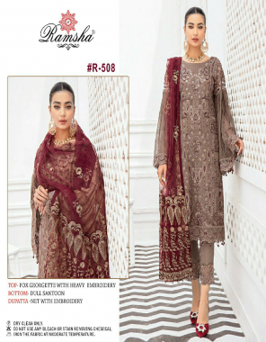 brown top - georgette heavy embroidery | bottom - dull santoon | dupatta - net embroidery  fabric embroidery work festive 