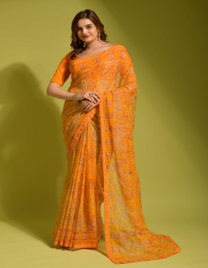 orange saree - heavy tiger printed georgette chiffon | blouse - heavy mono banglory satin  fabric printed work casual 