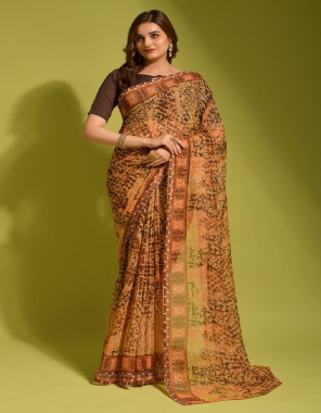 brown saree - heavy tiger printed georgette chiffon | blouse - heavy mono banglory satin  fabric printed work ethnic 